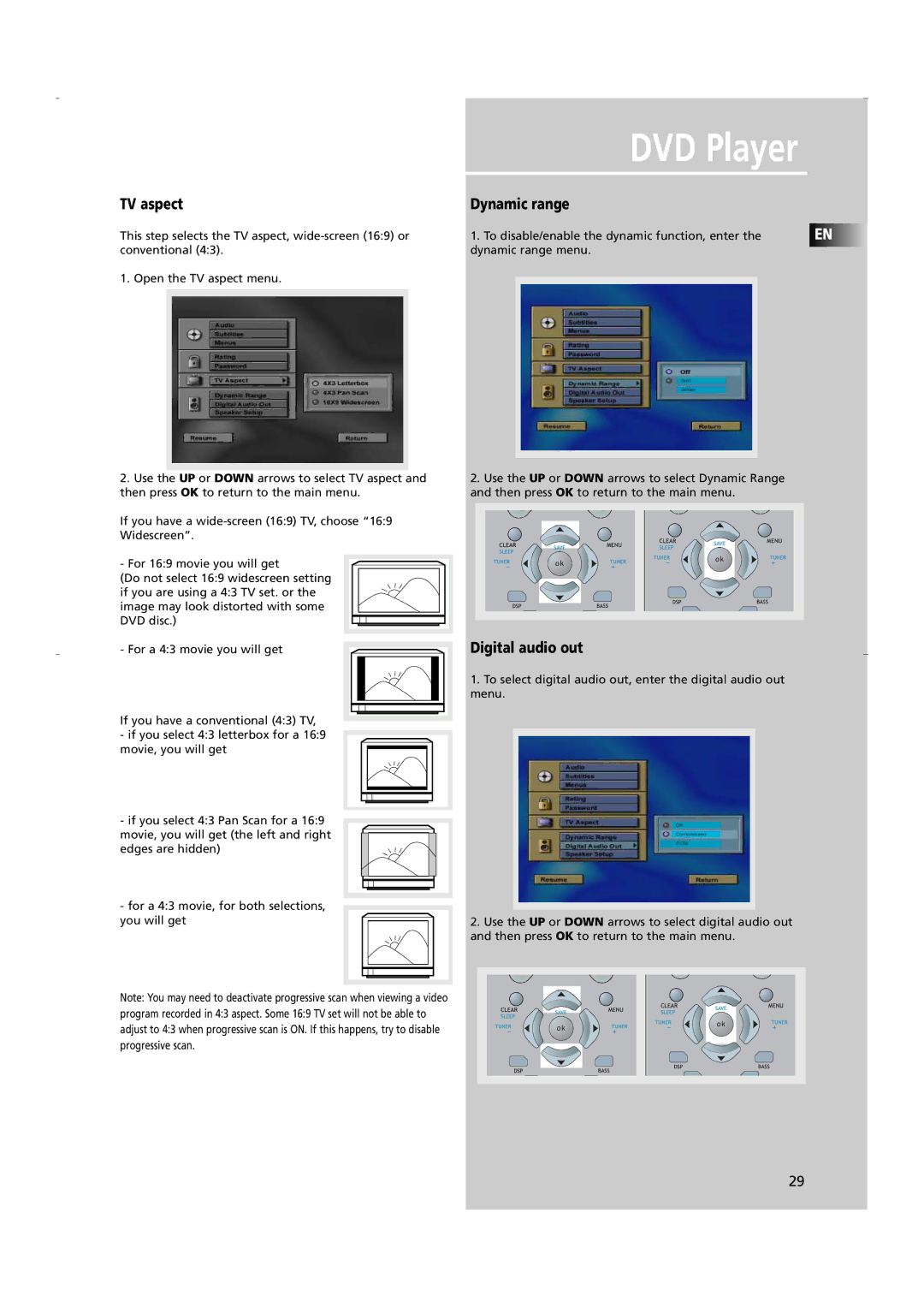 RCA RTD250 user manual TV aspect, Dynamic range, Digital audio out 