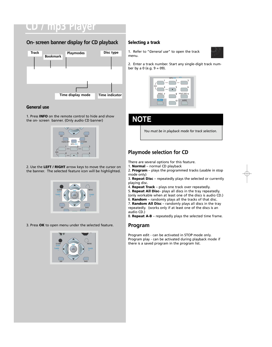 RCA RTD250 user manual On- screen banner display for CD playback Selecting a track, General use 