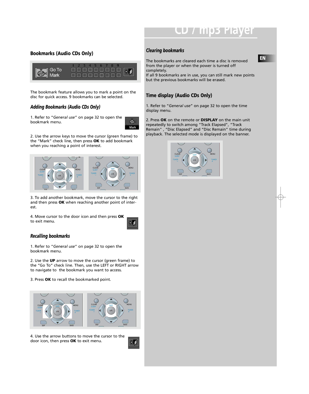 RCA RTD250 user manual Bookmarks Audio CDs Only, Time display Audio CDs Only 