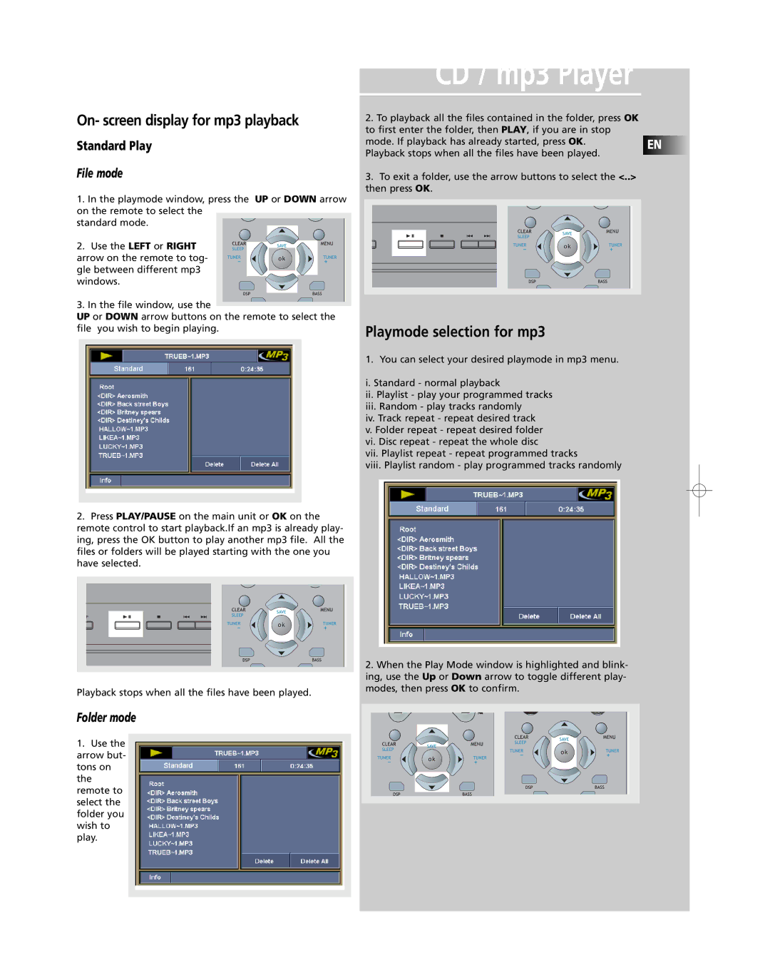 RCA RTD250 user manual On- screen display for mp3 playback, Standard Play 