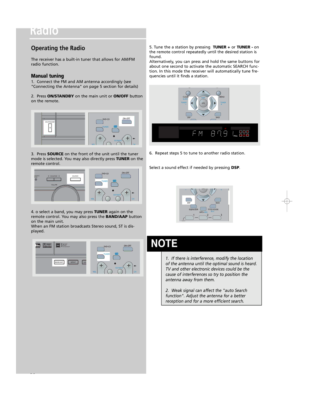 RCA RTD250 user manual Radio, Manual tuning 