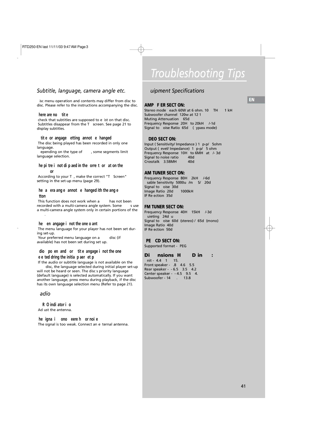 RCA RTD250 user manual Subtitle, language, camera angle etc, Radio, Equipment Specifications 