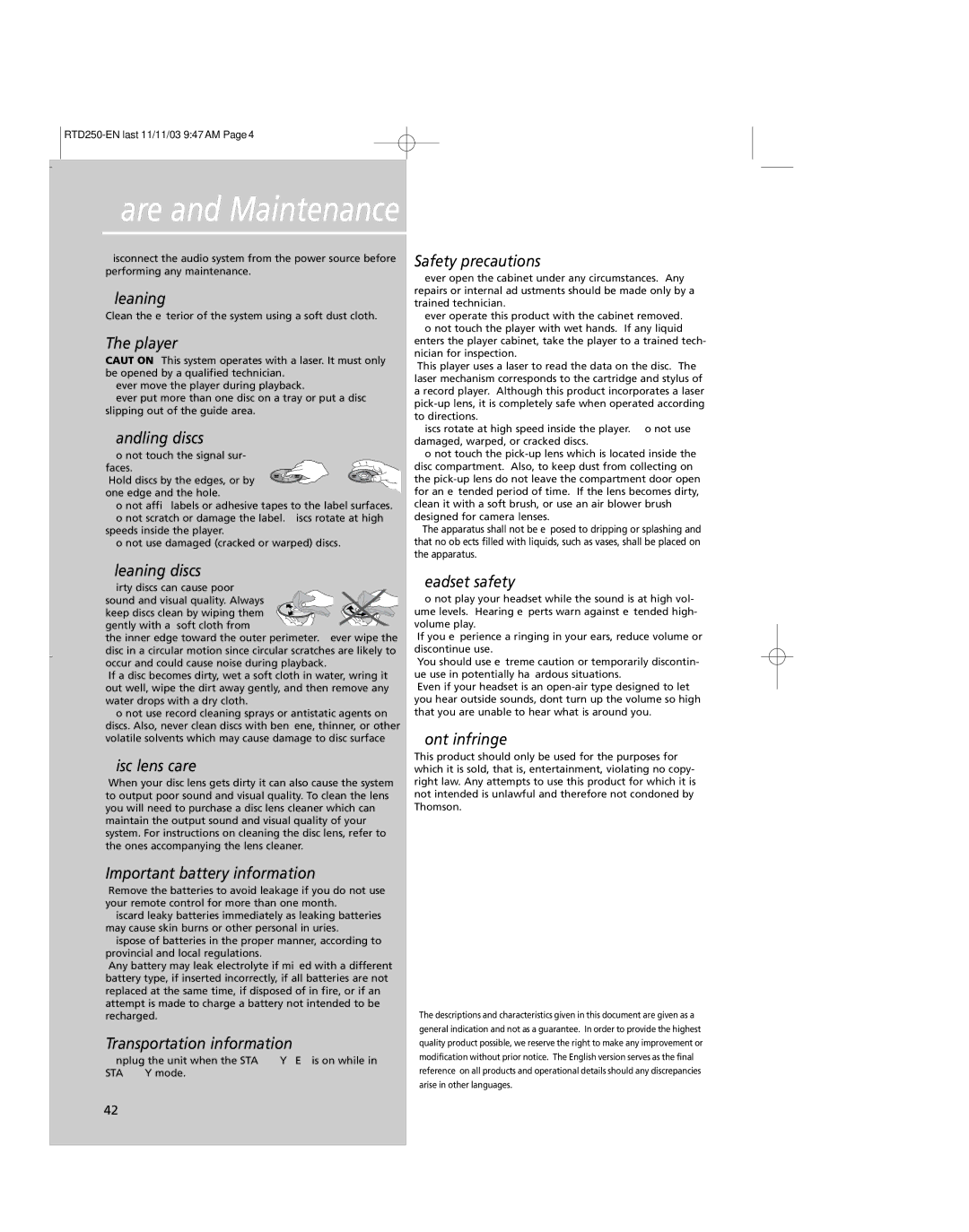 RCA RTD250 user manual Care and Maintenance 