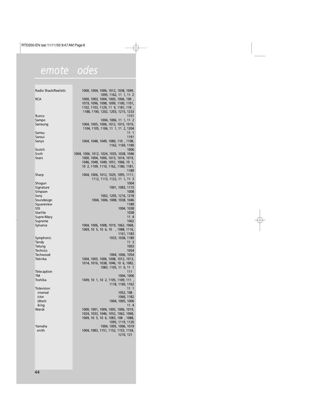 RCA RTD250 user manual Remote Codes, Rca 