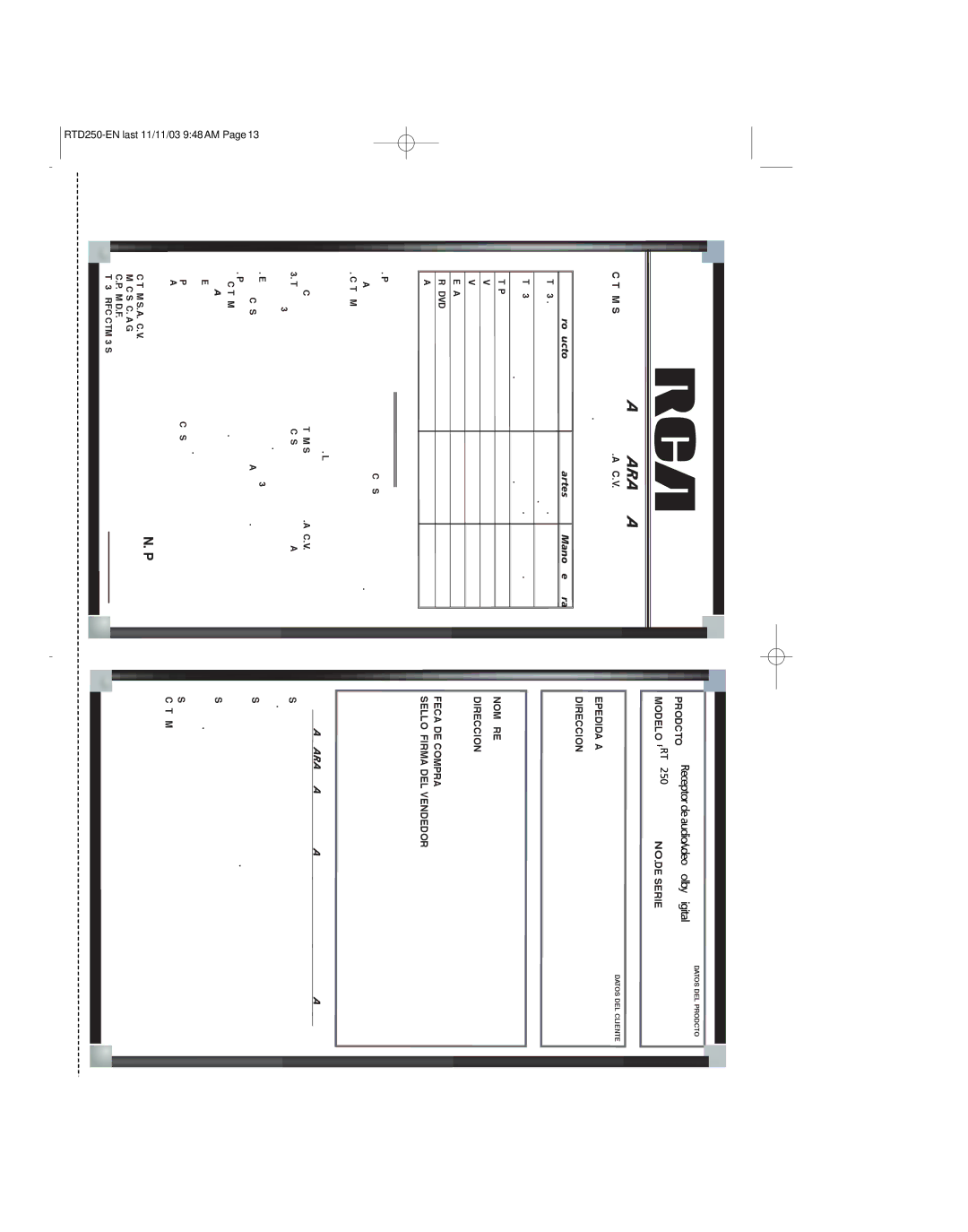 RCA RTD250 user manual Poliza DE Garantia 