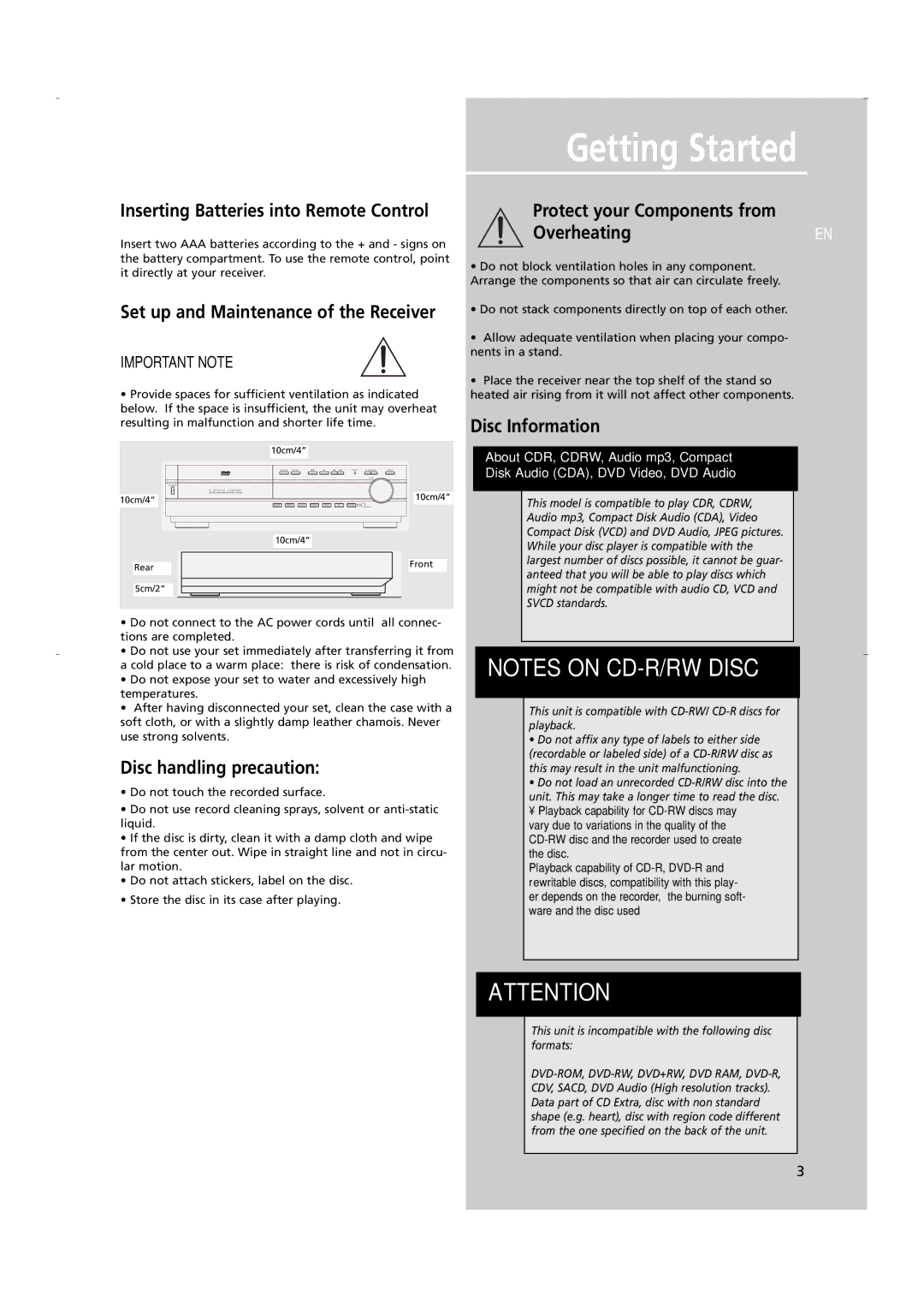 RCA RTD250 Inserting Batteries into Remote Control, Set up and Maintenance of the Receiver, Disc handling precaution 