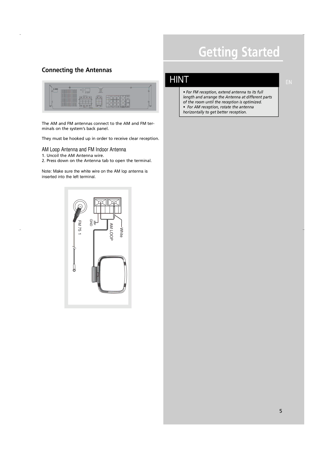 RCA RTD250 user manual Connecting the Antennas, AM Loop Antenna and FM Indoor Antenna 