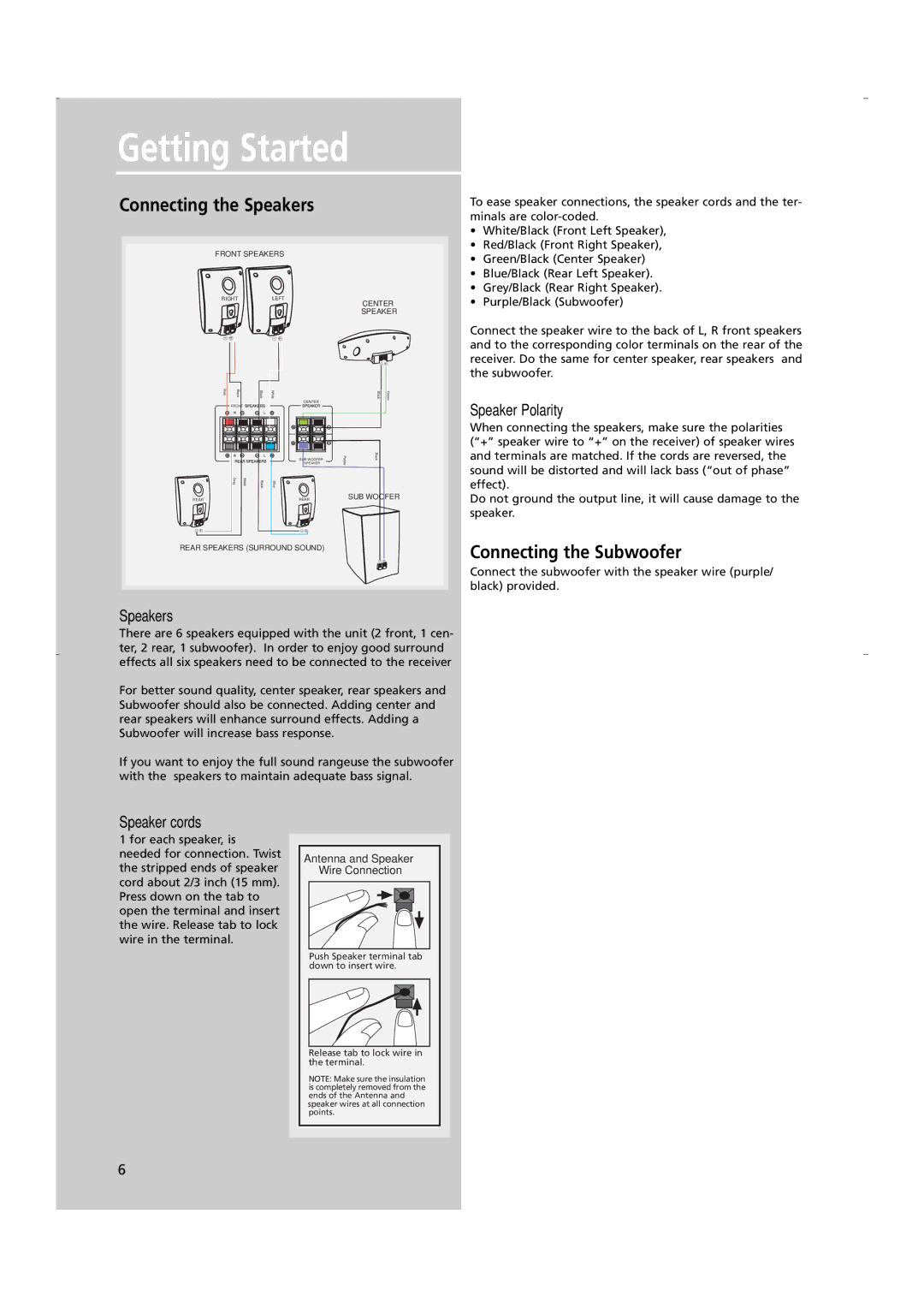 RCA RTD250 user manual Connecting the Speakers, Connecting the Subwoofer, Speaker Polarity, Speaker cords 