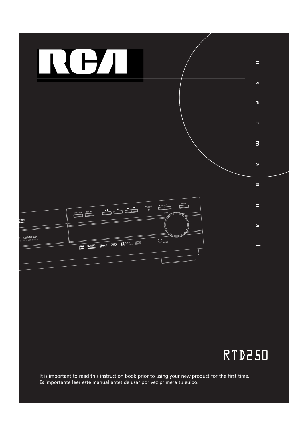 RCA RTD250 user manual u s e r m a n u a l, Changer, Source, Disc Skip, Open/Clo, Und Rec, Eiver, Volume, D i g i t a l 
