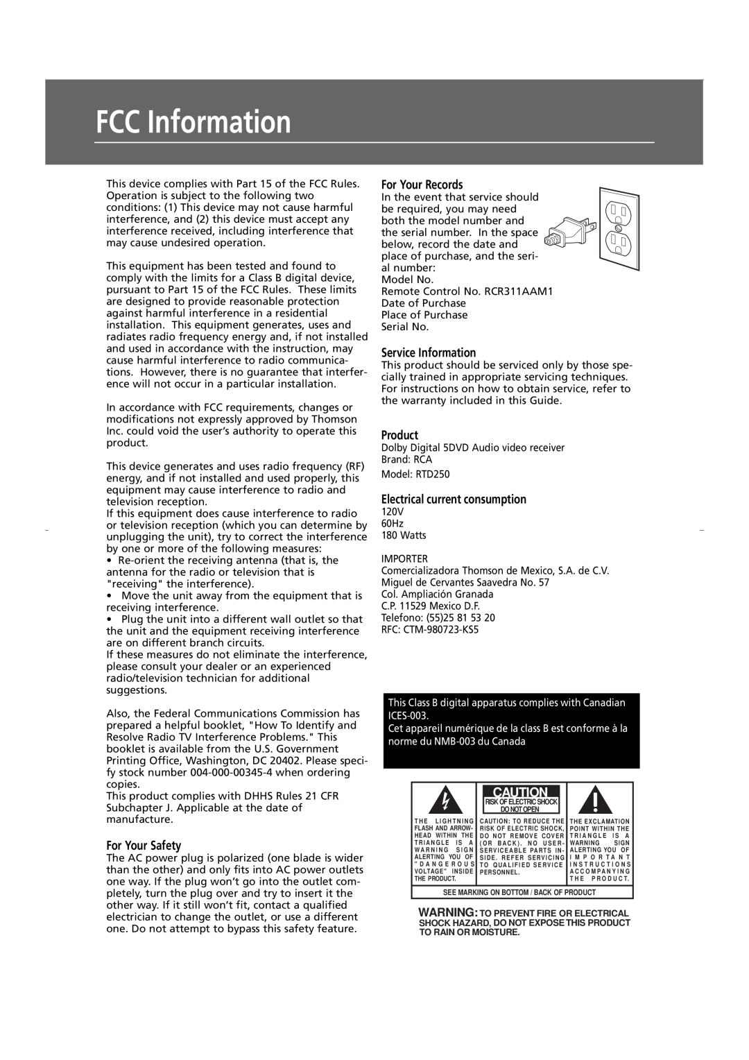 RCA RTD250 user manual FCC Information, For Your Safety, For Your Records, Service Information, Product 