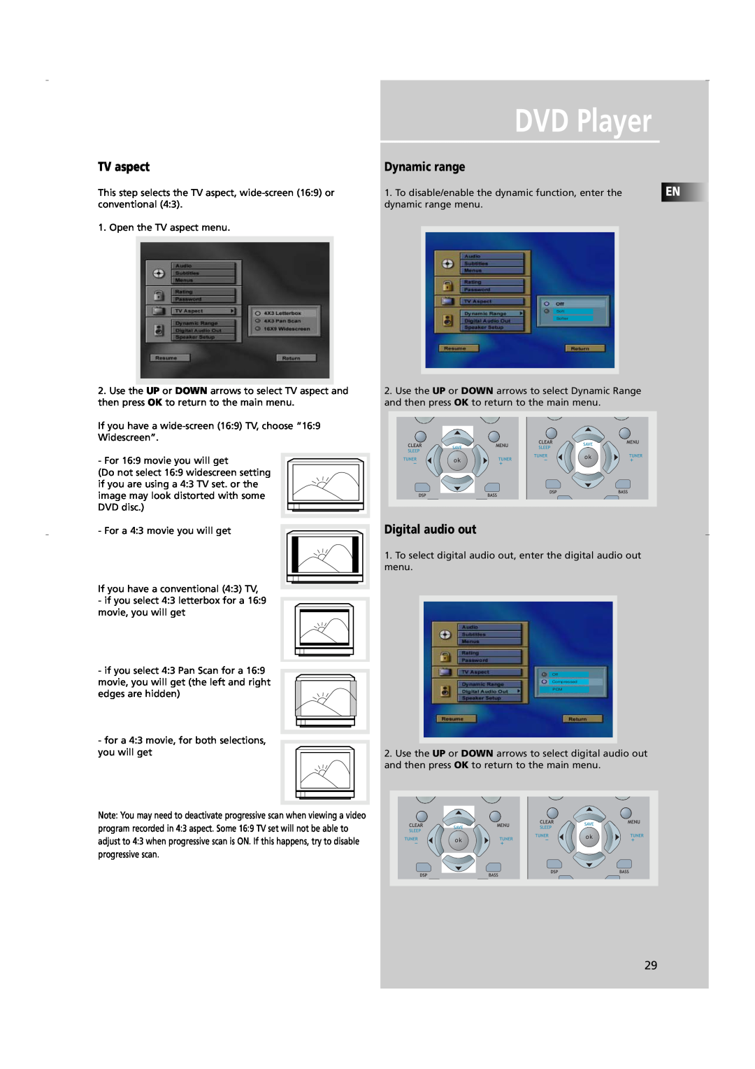 RCA RTD250 user manual DVD Player, TV aspect, Dynamic range, Digital audio out 
