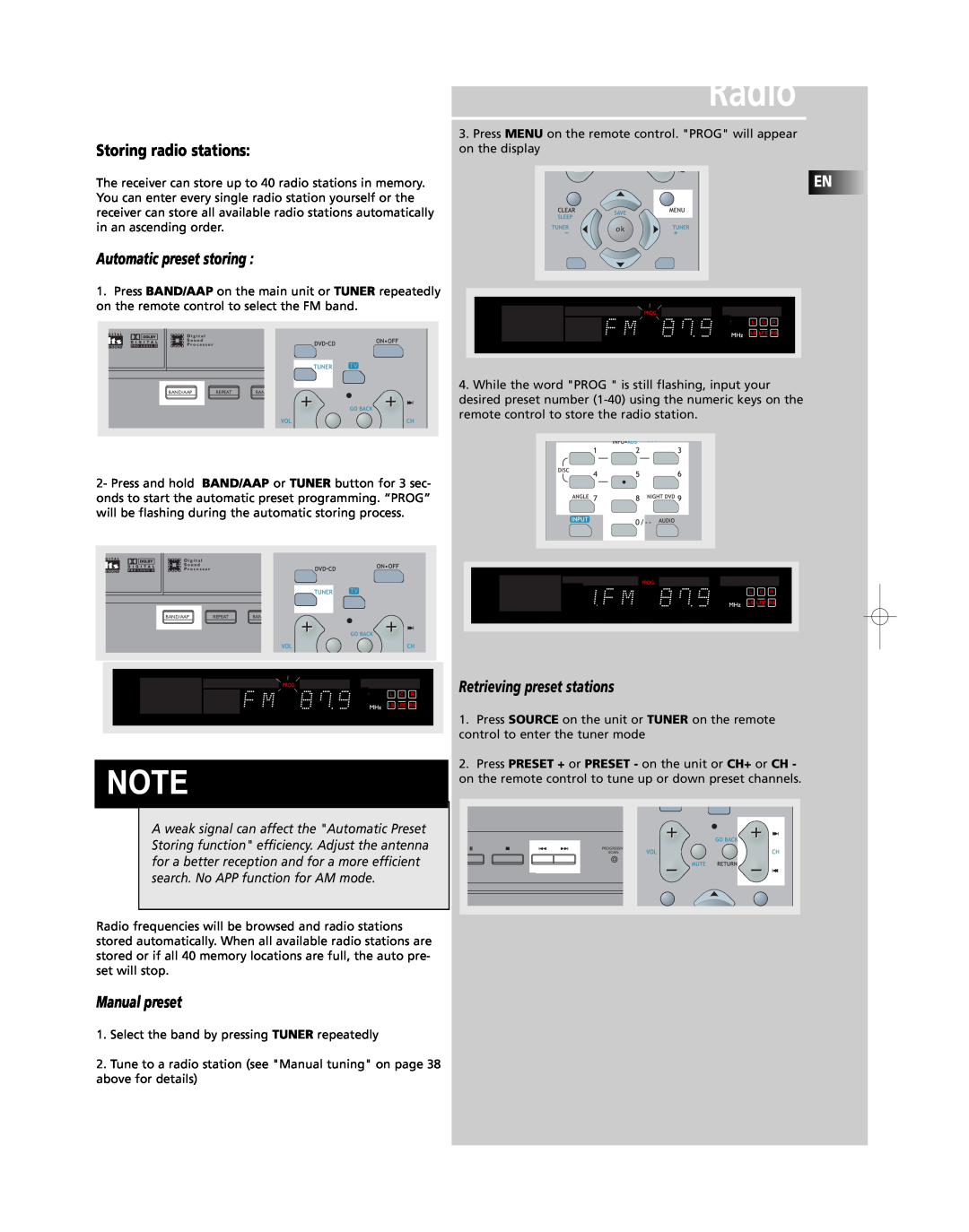 RCA RTD250 user manual Manual preset, Radio, Storing radio stations, A weak signal can affect the Automatic Preset 