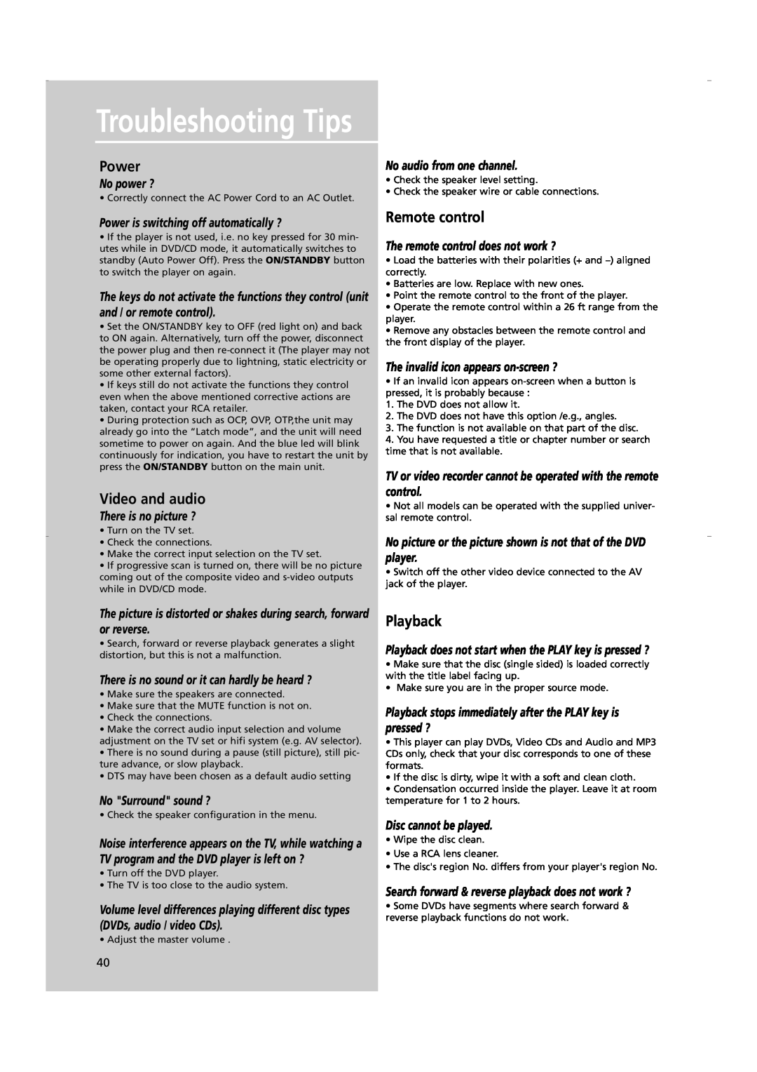 RCA RTD250 user manual Troubleshooting Tips, Power, Video and audio, Remote control, Playback 