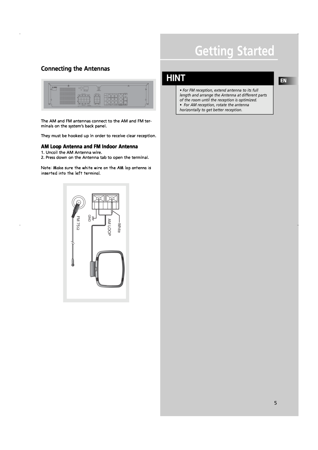 RCA RTD250 user manual Hinten, Getting Started, Connecting the Antennas, AM Loop Antenna and FM Indoor Antenna 