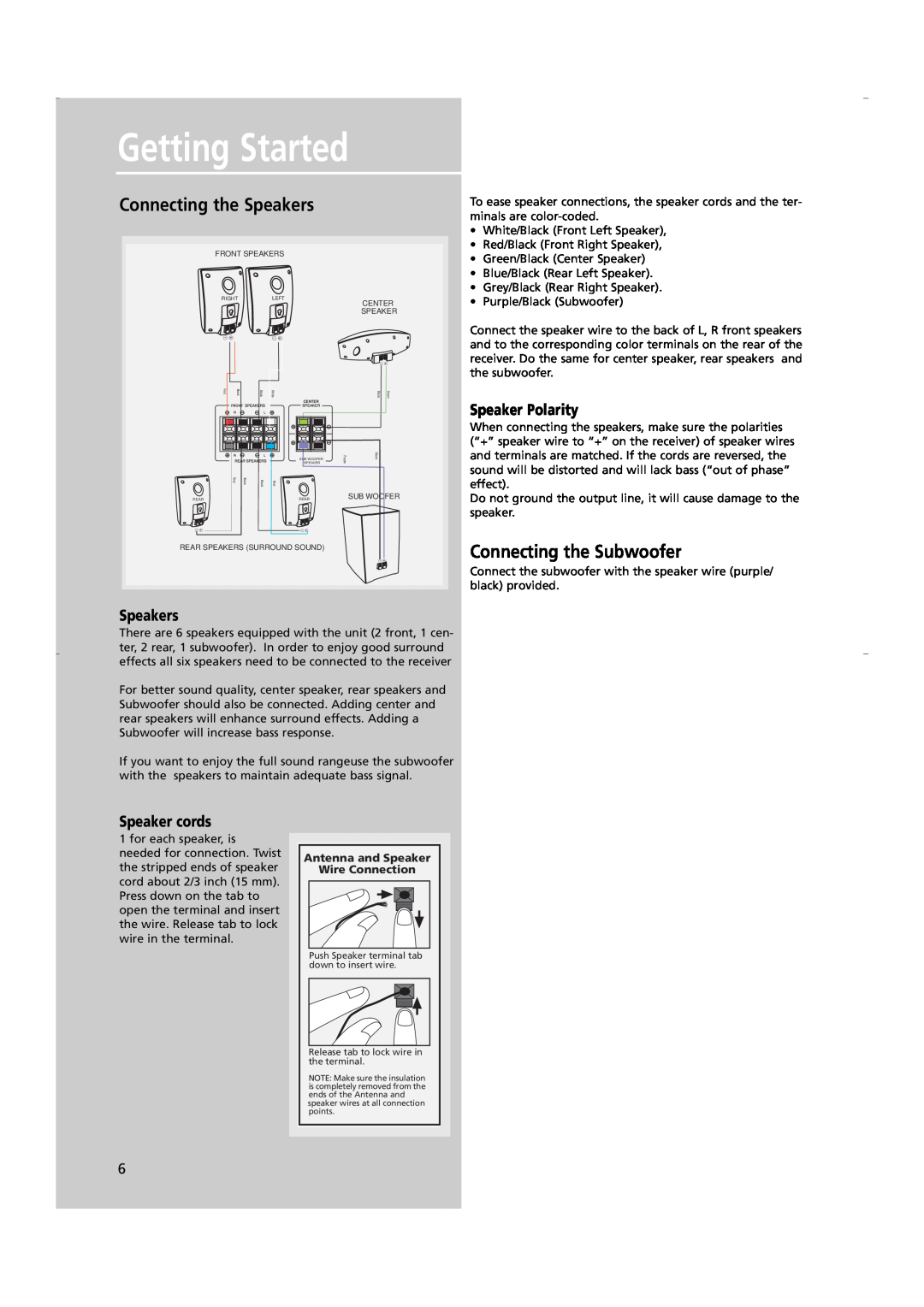 RCA RTD250 user manual Getting Started, Speakers, Speaker Polarity, Speaker cords, Antenna and Speaker Wire Connection 