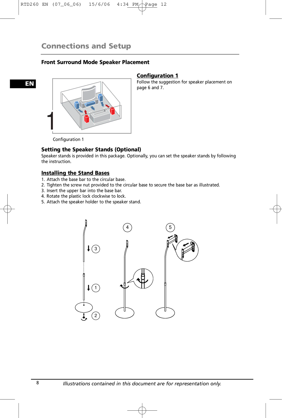 RCA RTD260 manual Front Surround Mode Speaker Placement Configuration, Setting the Speaker Stands Optional 