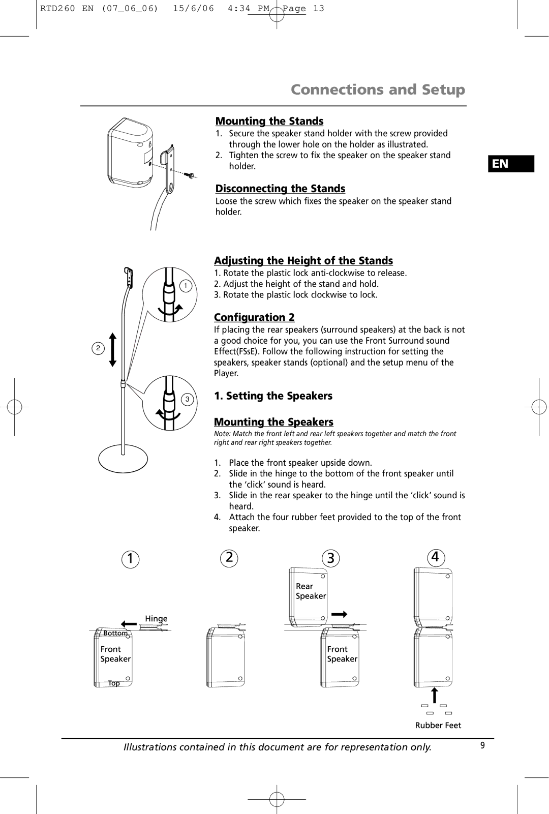 RCA RTD260 manual Mounting the Stands, Disconnecting the Stands, Adjusting the Height of the Stands 