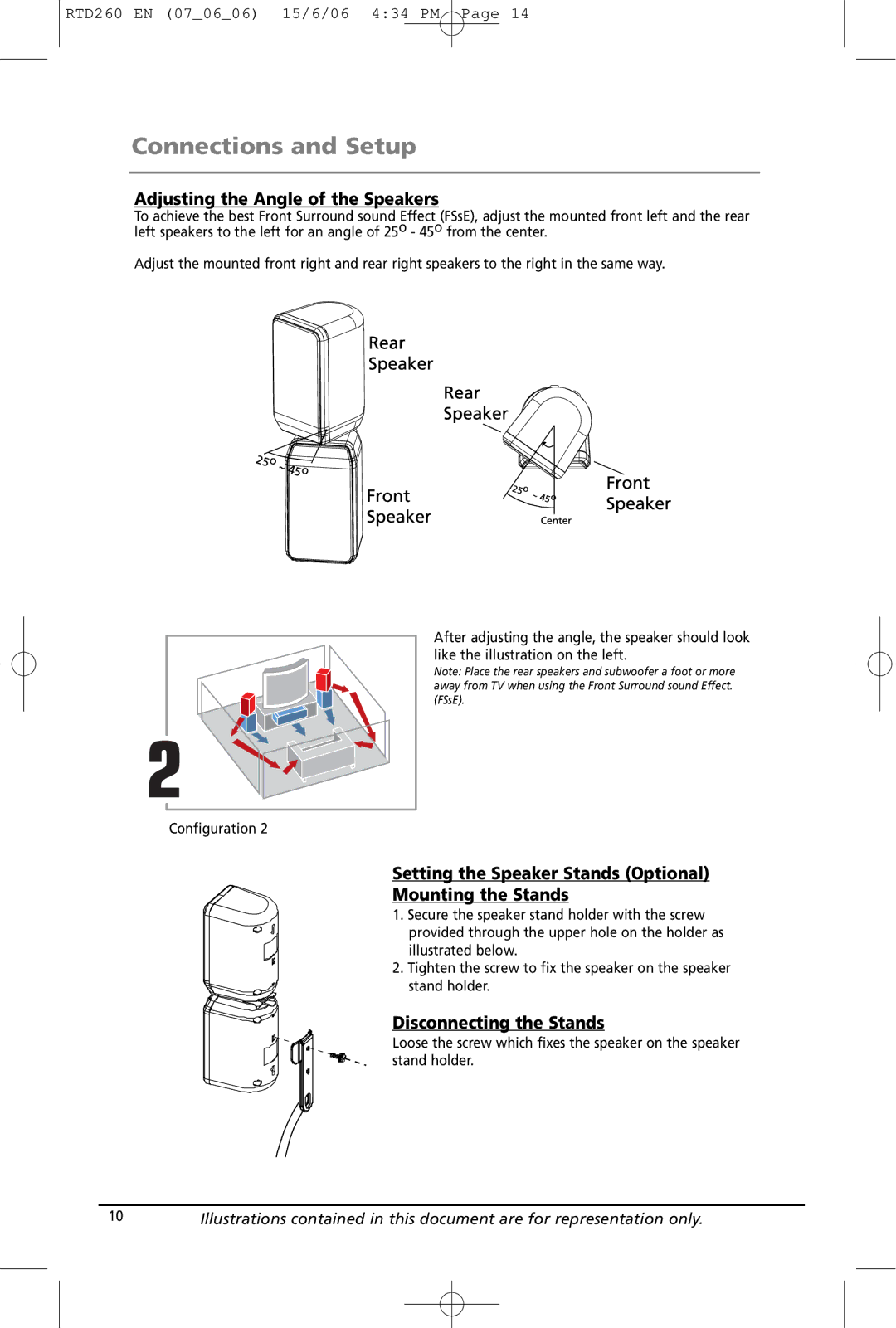 RCA RTD260 manual Adjusting the Angle of the Speakers, Setting the Speaker Stands Optional Mounting the Stands 