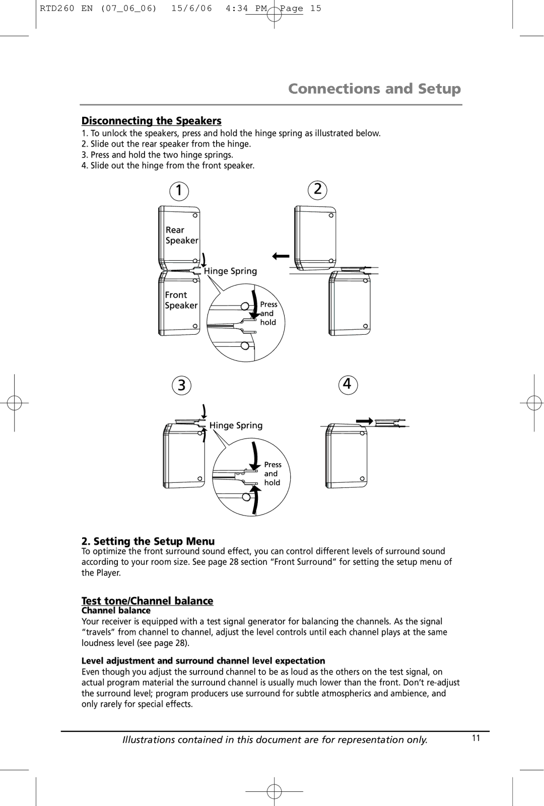 RCA RTD260 manual Disconnecting the Speakers, Setting the Setup Menu, Test tone/Channel balance 