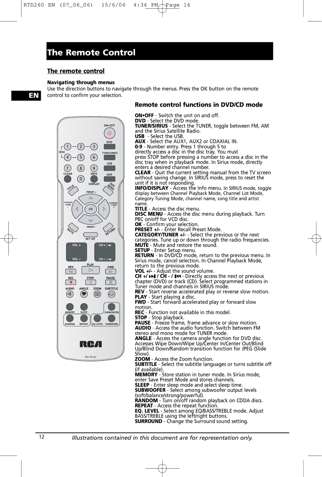 RCA RTD260 manual Remote Control, Remote control functions in DVD/CD mode, Navigating through menus 