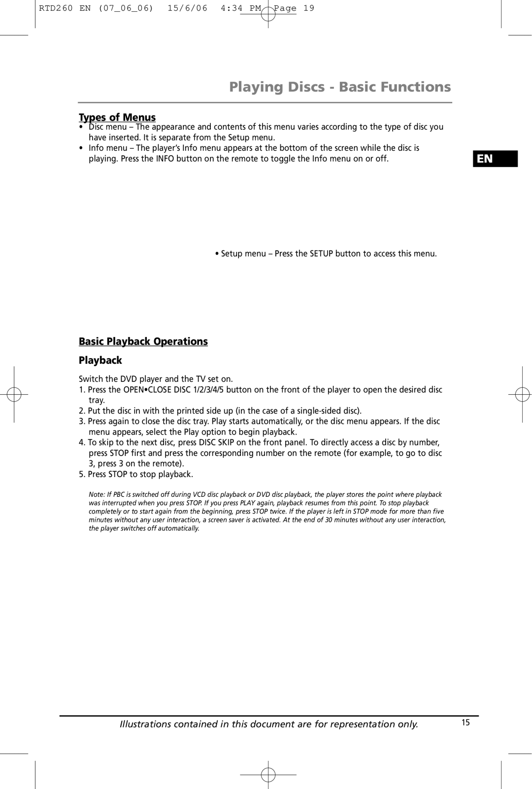 RCA RTD260 manual Playing Discs Basic Functions, Types of Menus, Basic Playback Operations 