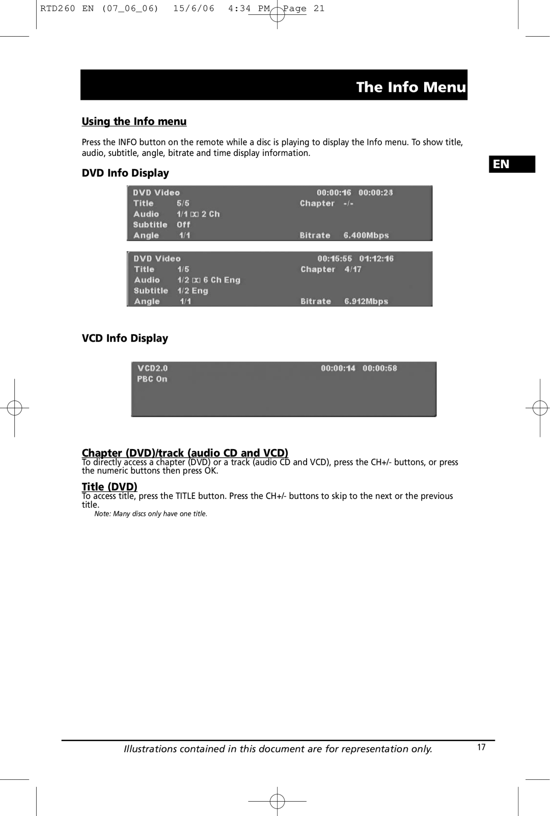 RCA RTD260 manual Info Menu, Using the Info menu, Title DVD 