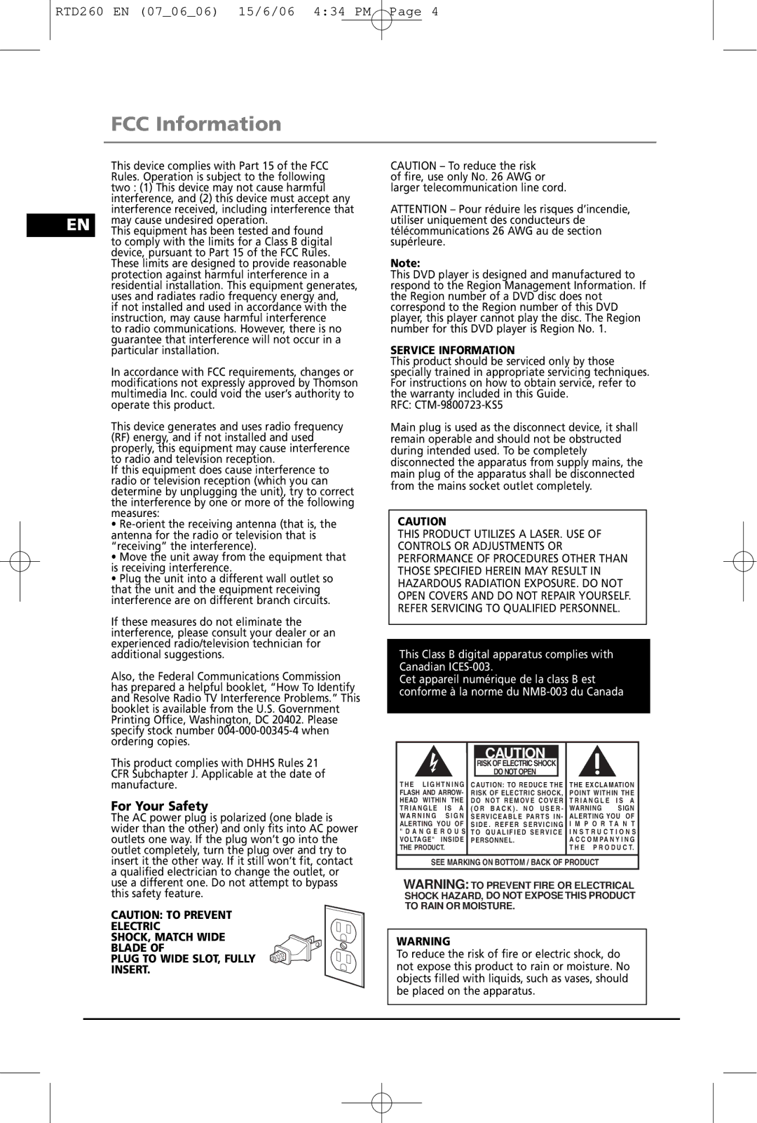 RCA RTD260 manual FCC Information, EN may cause undesired operation 