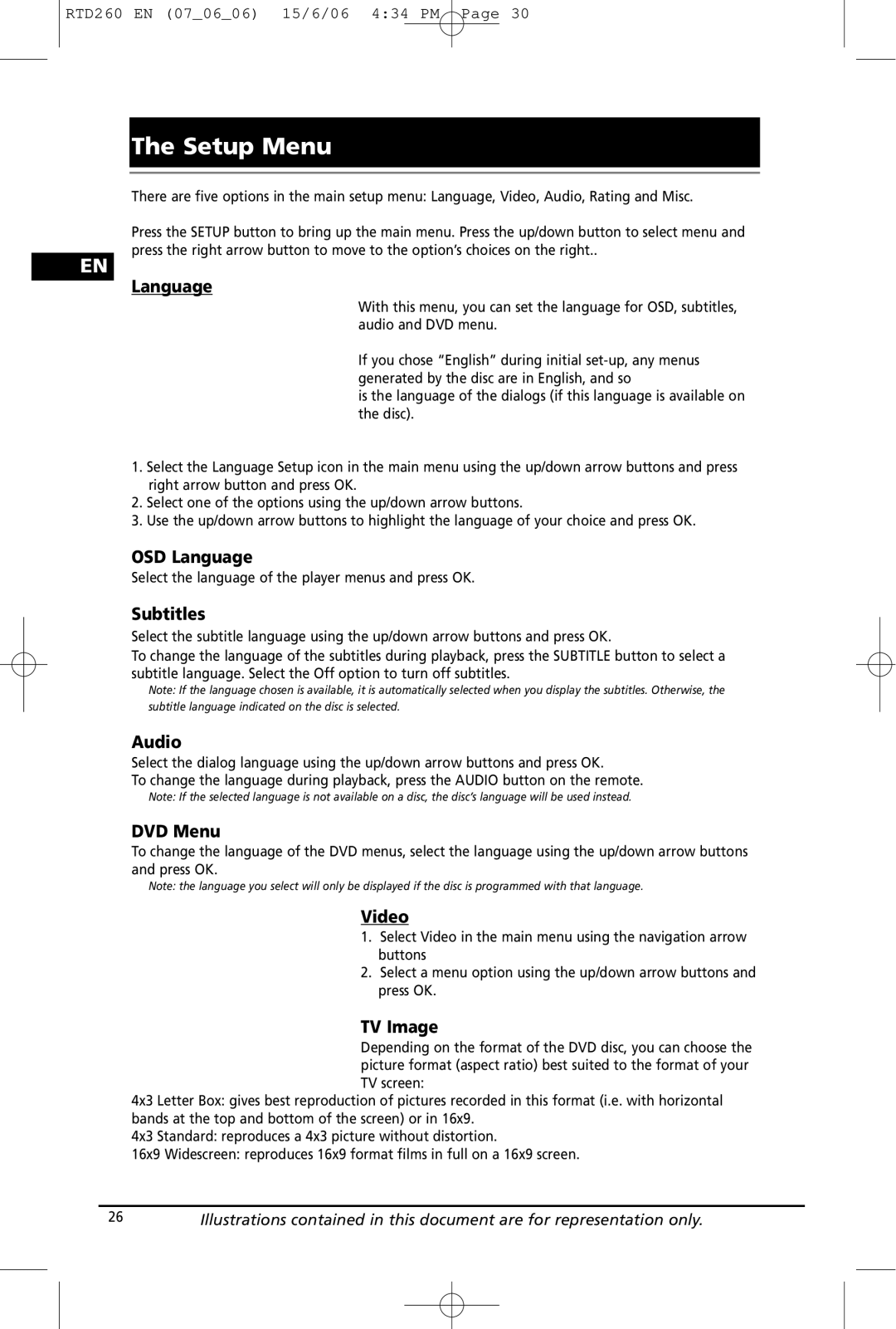 RCA RTD260 manual Setup Menu 