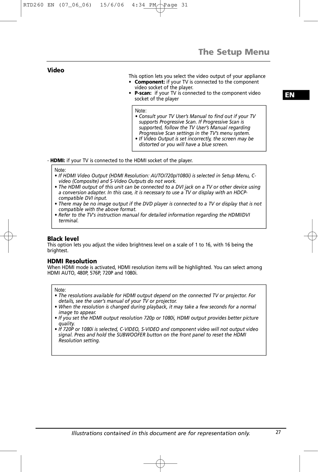 RCA RTD260 manual Setup Menu, Black level, Hdmi Resolution 