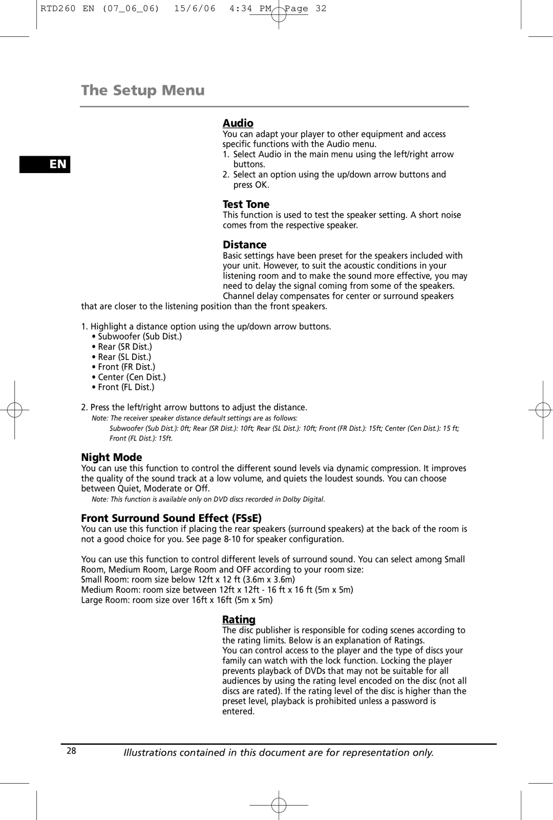 RCA RTD260 manual Test Tone, Distance, Night Mode, Front Surround Sound Effect FSsE, Rating 