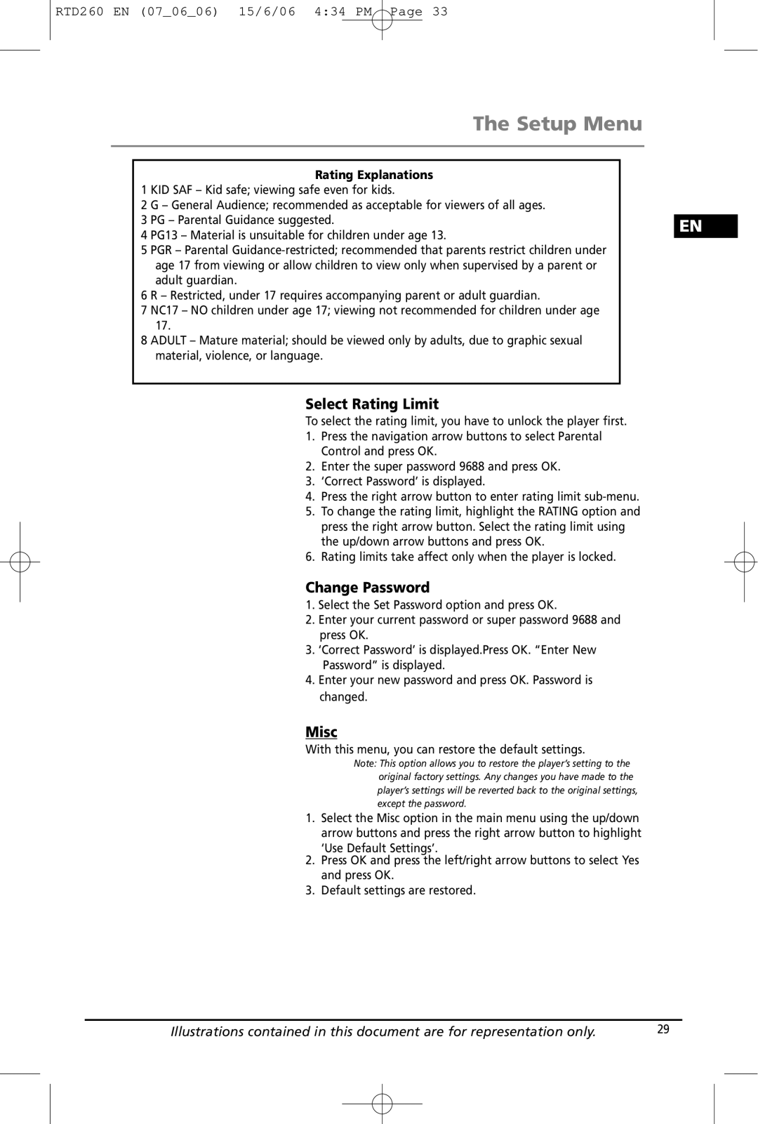 RCA RTD260 manual Select Rating Limit, Change Password, Misc, Rating Explanations 