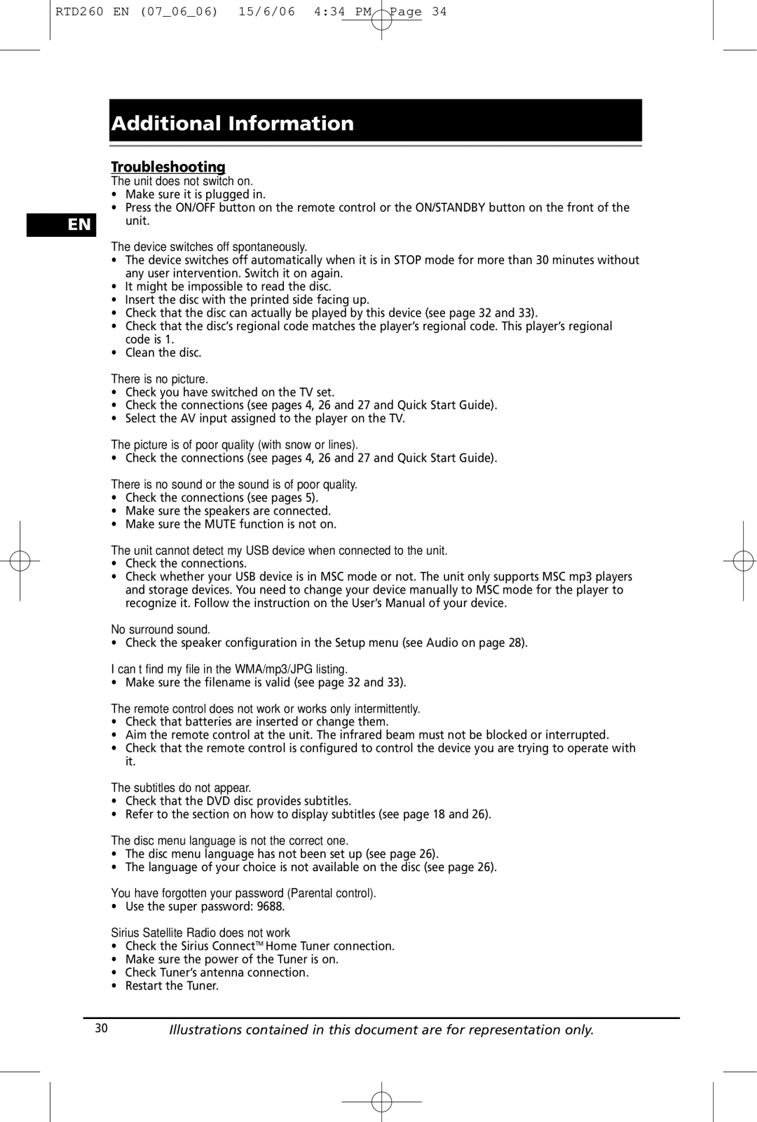 RCA RTD260 manual Additional Information, Troubleshooting 