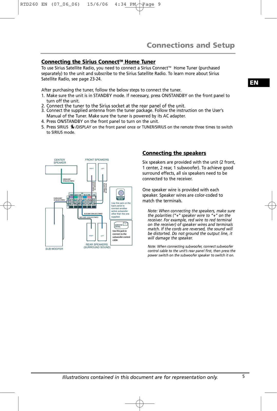 RCA RTD260 manual Connecting the Sirius ConnectTM Home Tuner, Connecting the speakers 