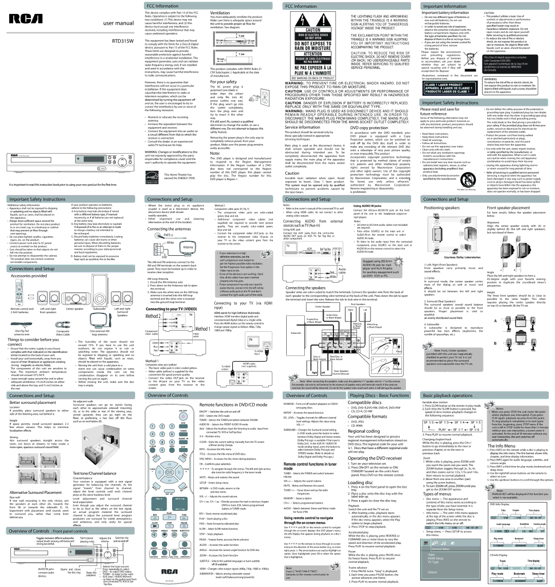 RCA RTD315W important safety instructions Ventilation, For your safety, Service information, DVD copy protection, Connect 