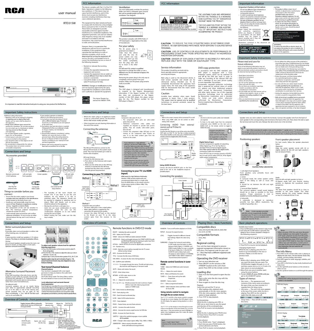 RCA RTD315WR important safety instructions Ventilation, For your safety, Service information, DVD copy protection, Connect 