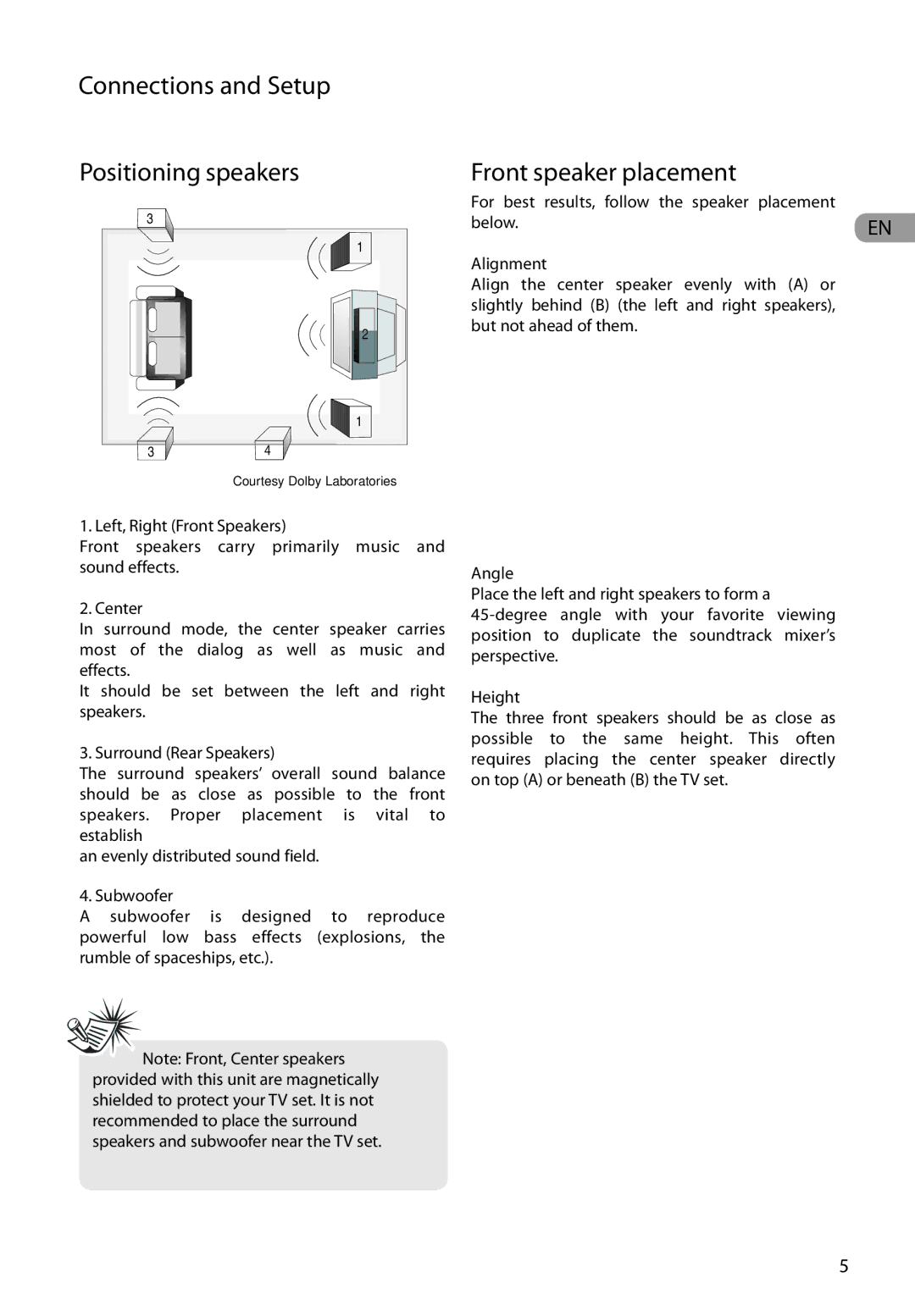 RCA RTD317 user manual Connections and Setup Positioning speakers, Front speaker placement 