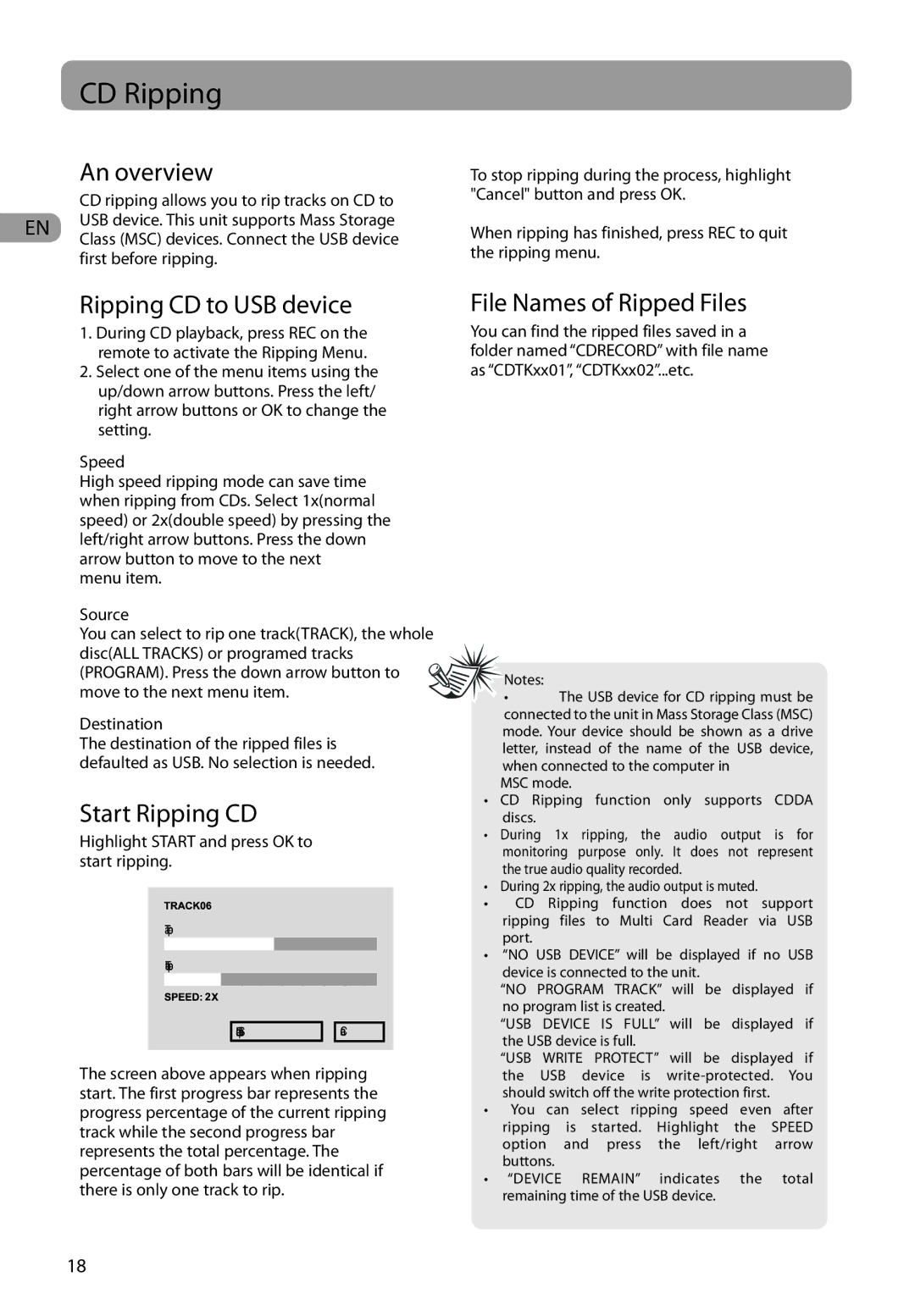 RCA RTD317 user manual CD Ripping, Ripping CD to USB device, Start Ripping CD 