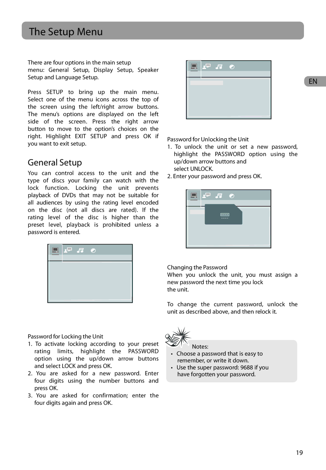 RCA RTD317 user manual Setup Menu, General Setup 