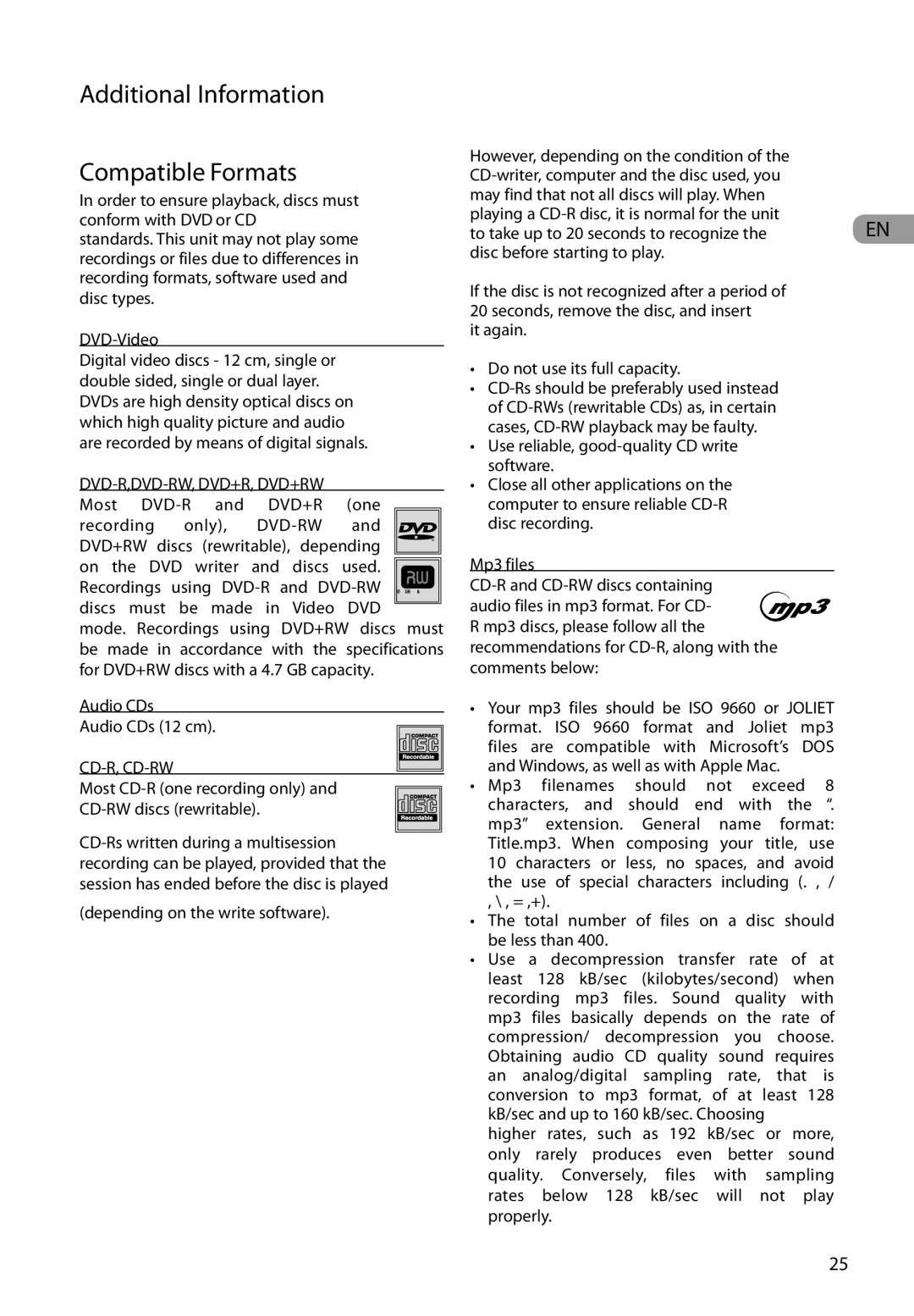 RCA RTD317 user manual Additional Information Compatible Formats, Most CD-R one recording only CD-RW discs rewritable 