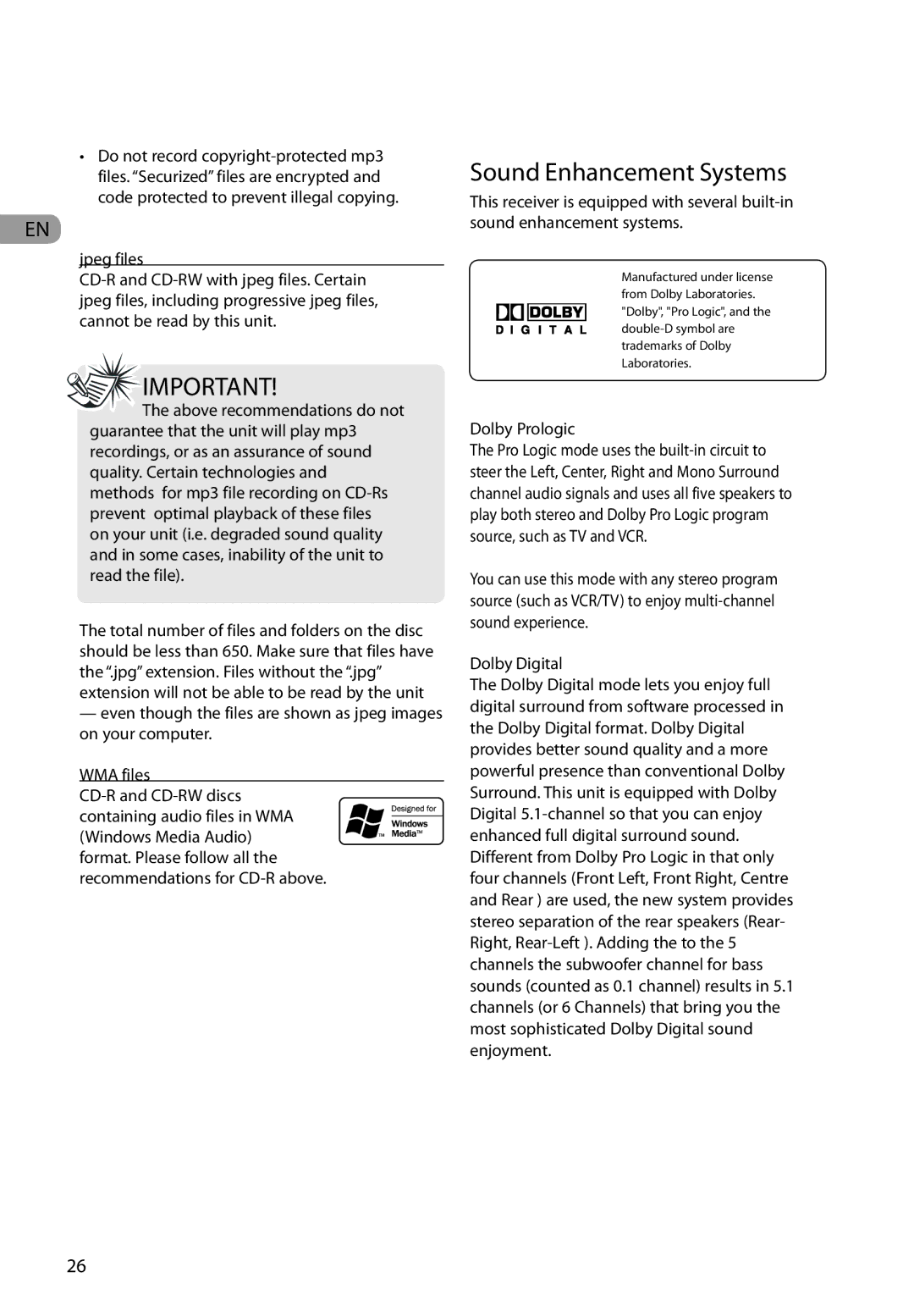 RCA RTD317 user manual Sound Enhancement Systems, Dolby Prologic 