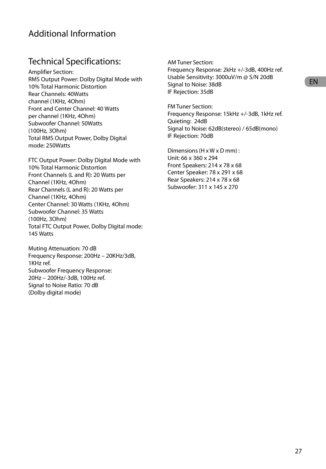 RCA RTD317 user manual Additional Information Technical Specifications 