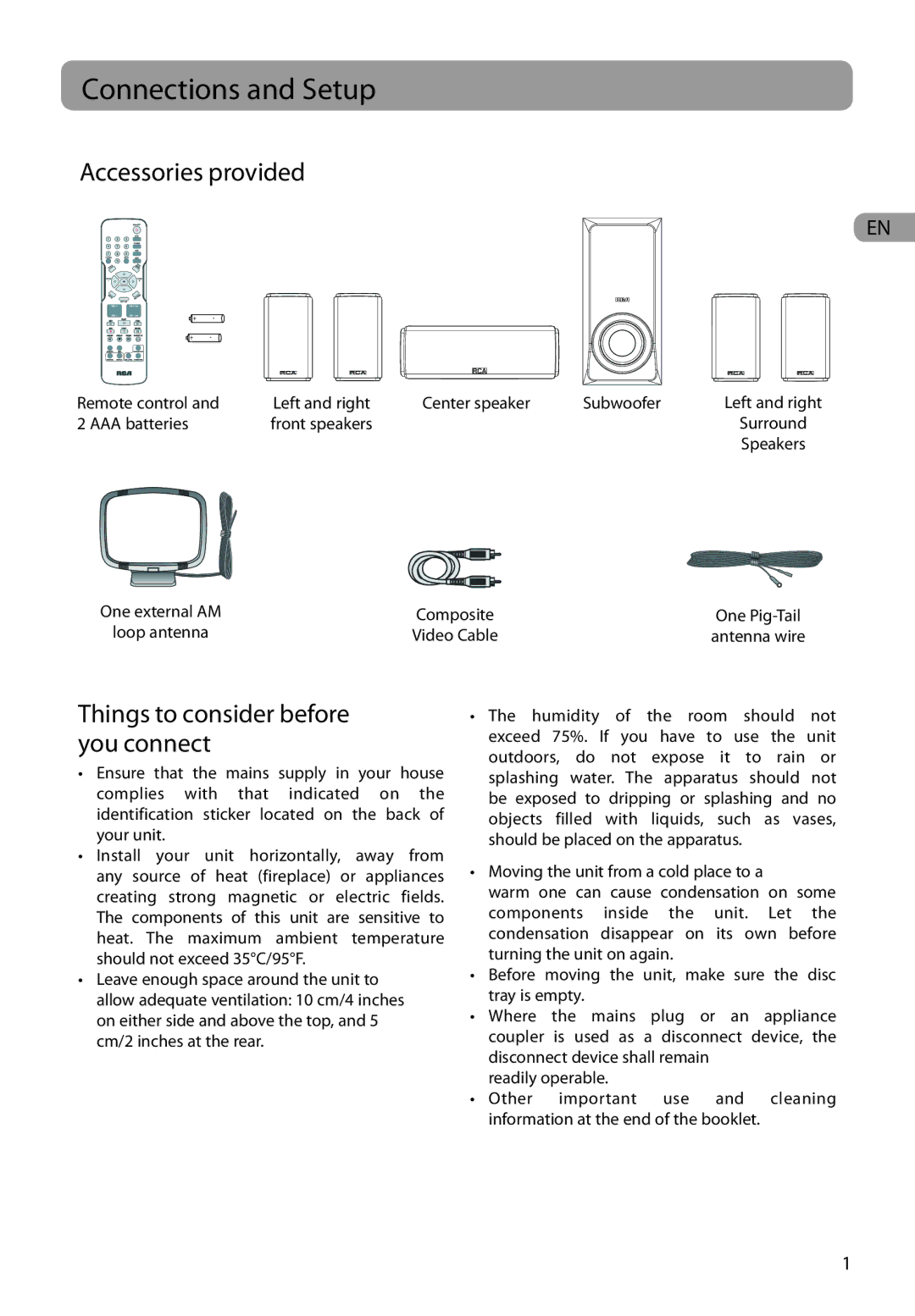 RCA RTD317 user manual Connections and Setup, Accessories provided, Things to consider before you connect 