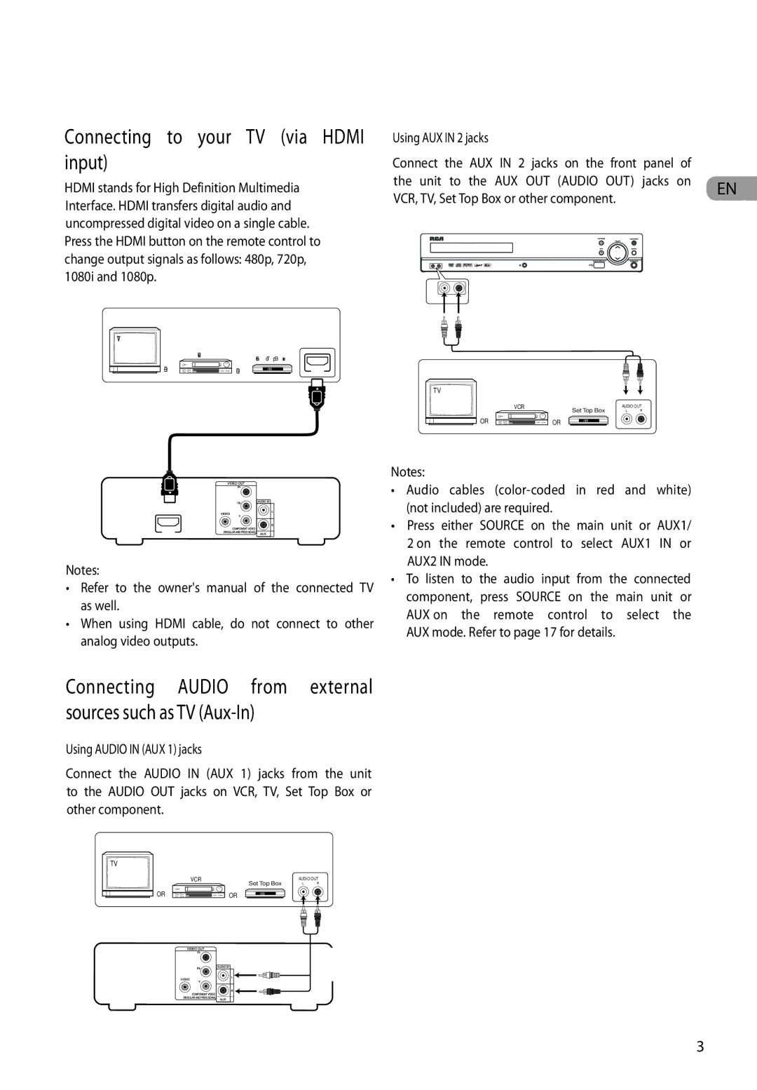 RCA RTD317 user manual Connecting to your TV via Hdmi input, Connecting Audio from external sources such as TV Aux-In 