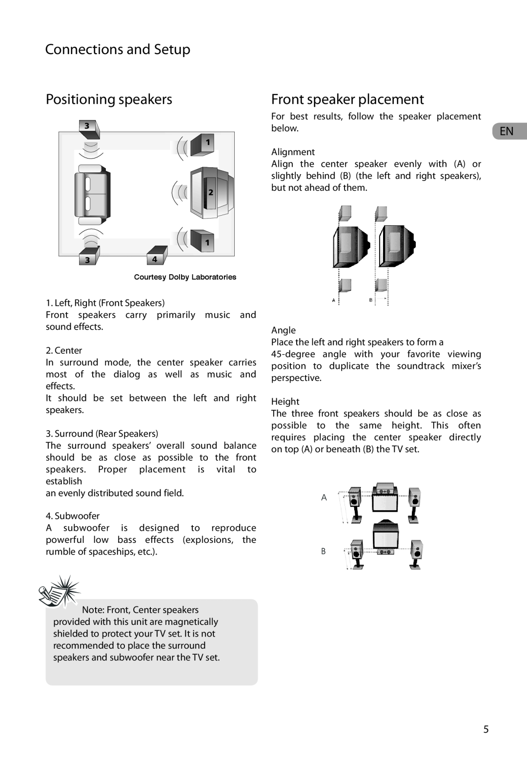 RCA RTD317 user manual Connections and Setup, Positioning speakers, Front speaker placement 