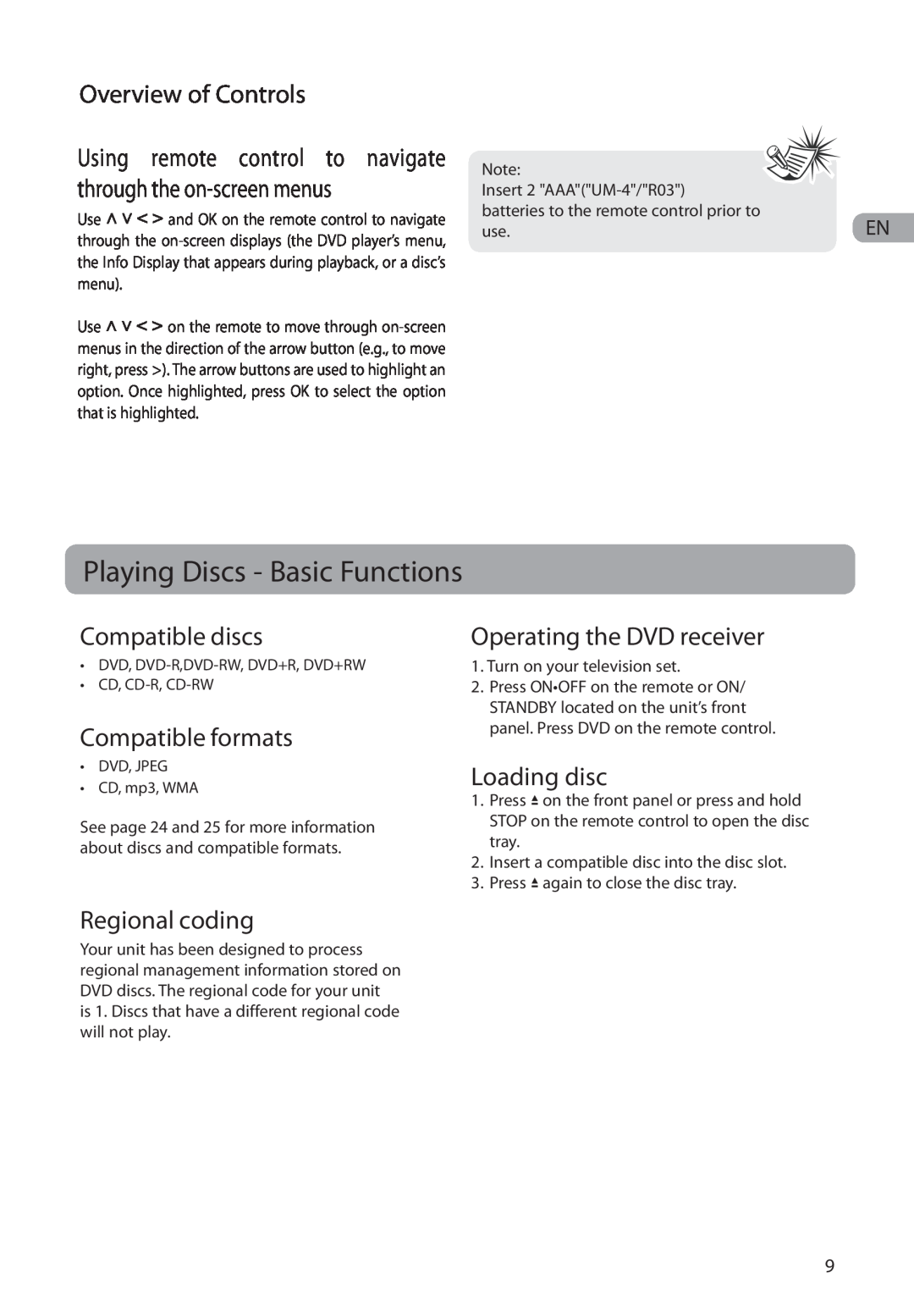 RCA RTD317 Playing Discs - Basic Functions, Overview of Controls, Compatible discs, Compatible formats, Regional coding 