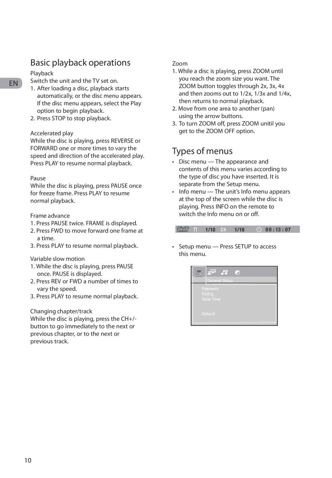 RCA RTD317 user manual Types of menus, Basic playback operations 