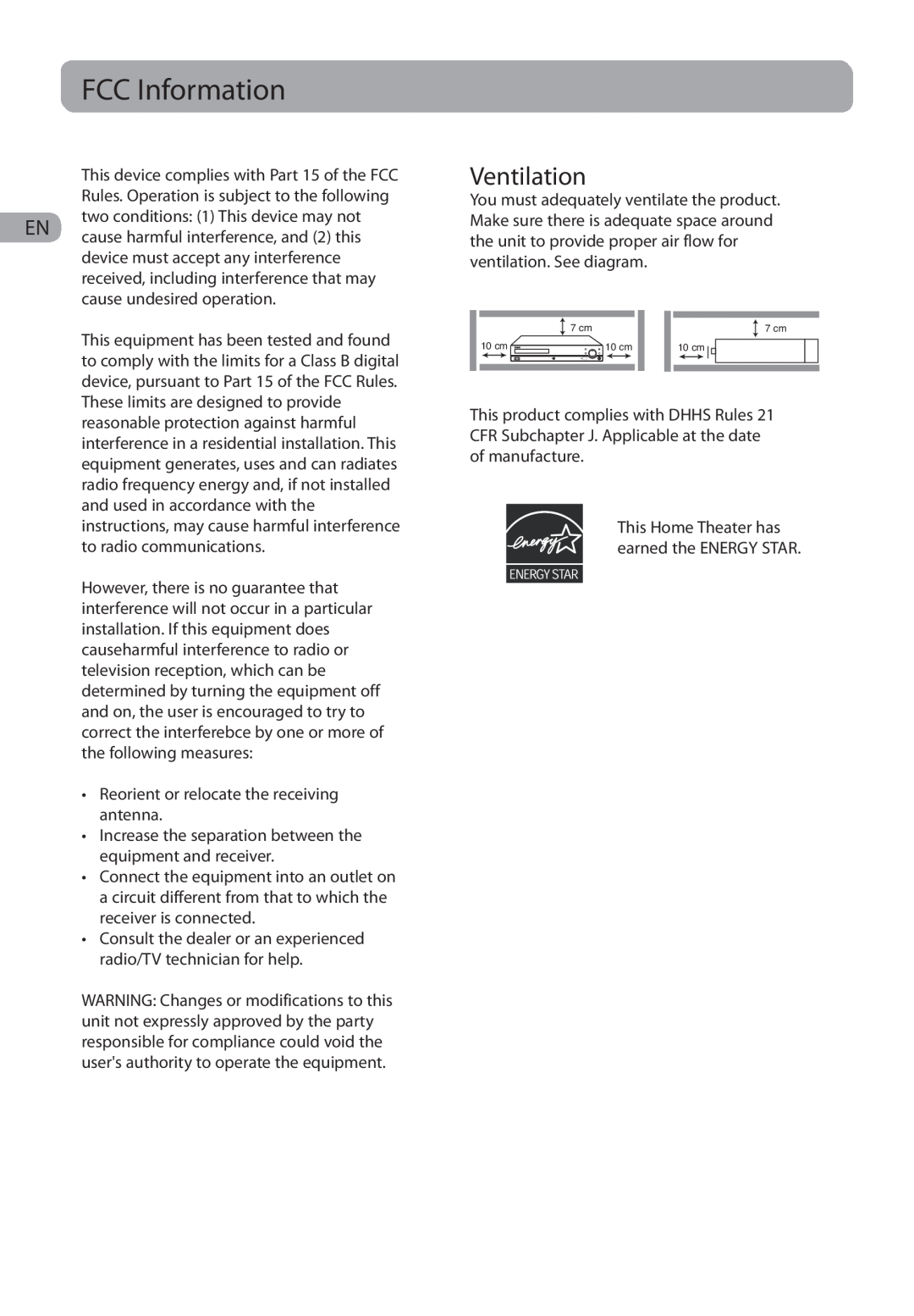 RCA RTD317 user manual FCC Information, Ventilation 