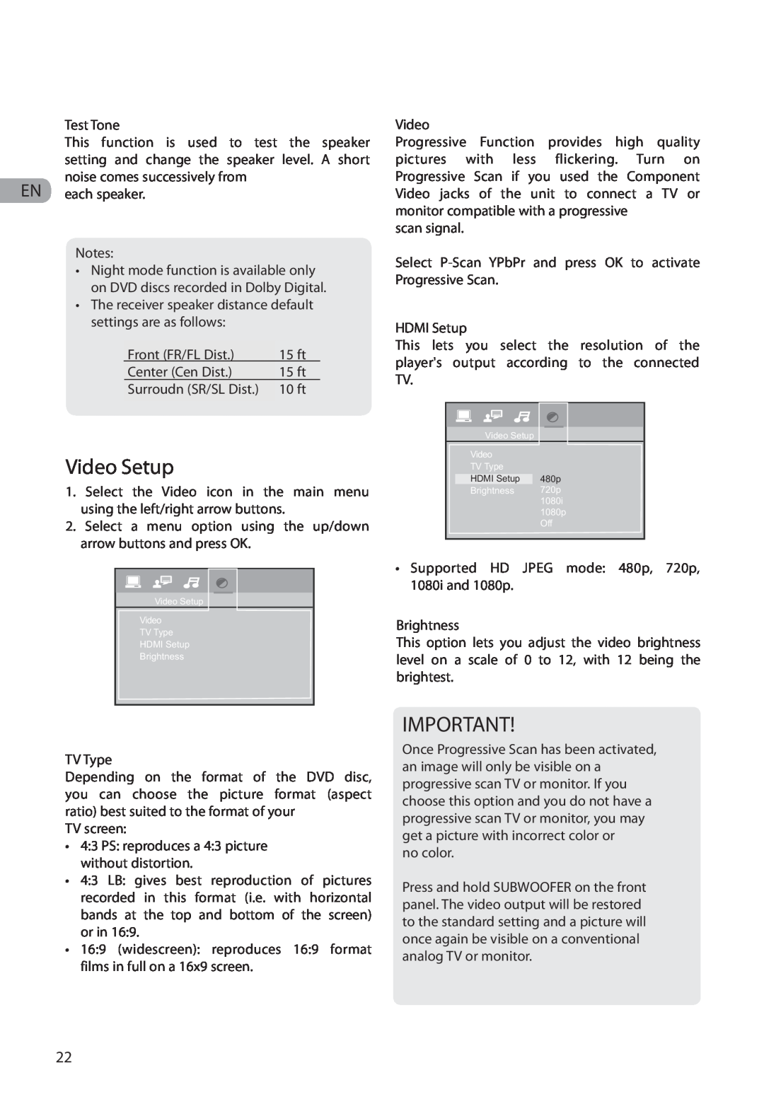 RCA RTD317 user manual Video Setup, Supported HD JPEG mode 480p, 720p, 1080i and 1080p 