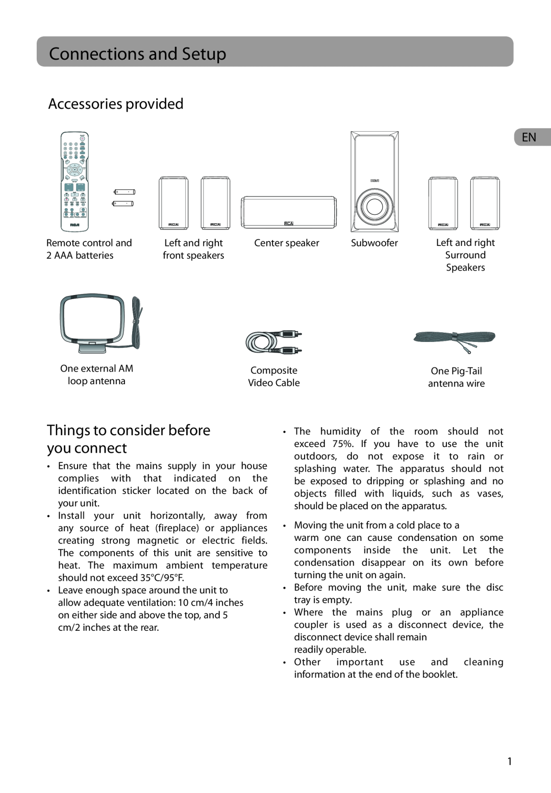 RCA RTD317 user manual Connections and Setup, Accessories provided, Things to consider before you connect 