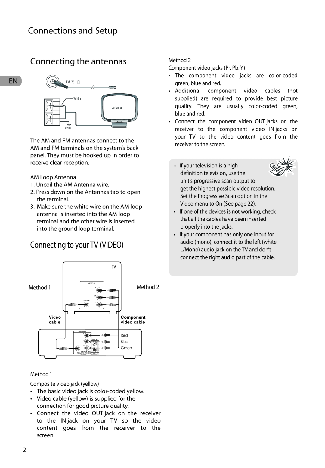RCA RTD317 user manual Connections and Setup Connecting the antennas, Connecting to your TV VIDEO, Method 